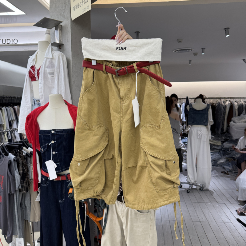 Plnh2026 Summer New Fashion Retro Casual Simple Loose Heart-Pocket Workwear Slimming Cropped Pants for Women