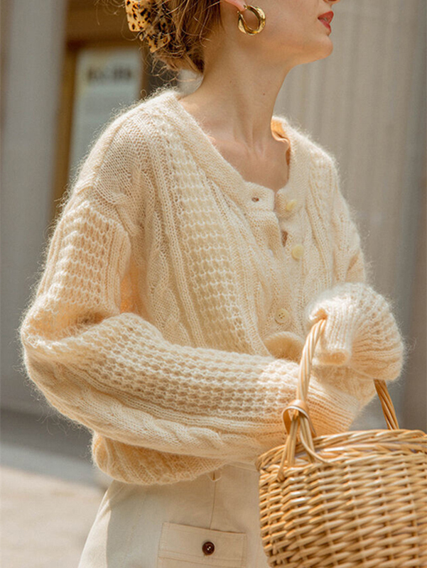 Korean Drama Heroine Retro French-Style Yellow Mohair Sweater for Women, Spring Thin Soft and Elegant Knitted Cardigan Jacket
