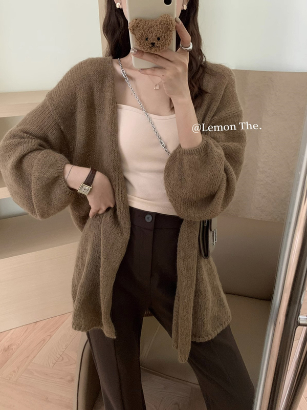Japanese-Style Puff-Sleeve Mohair Thin Knit Cardigan for Women, Autumn Mid-Length Loose Lazy Sweater Coat Top Japanese-Style Puff-Sleeve Mohair Thin Knit Cardigan for Women, Autumn Mid-Length Loose Lazy Sweater Coat Top