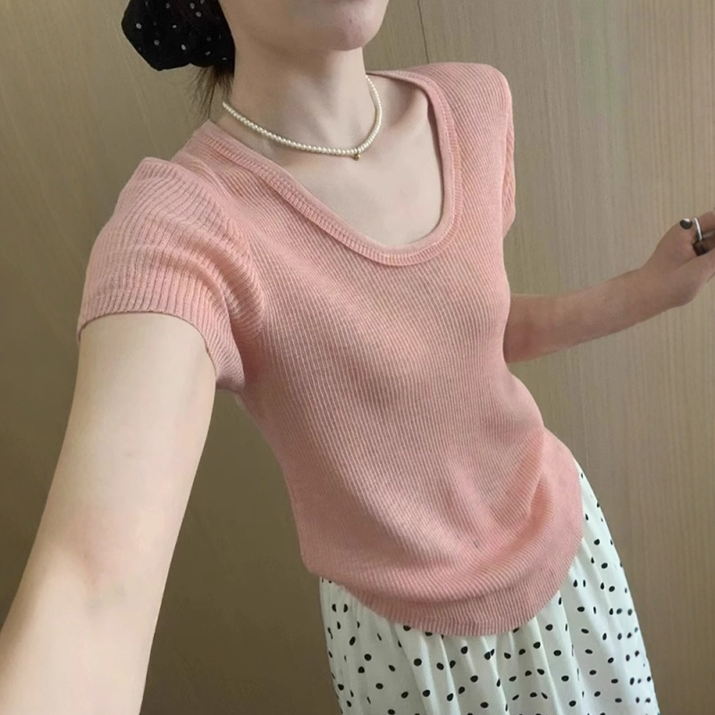 Dopamine Pink Off-Shoulder U-Neck Ice Silk Knitted Short-Sleeve T-Shirt for Women, Summer Slim-Fit Cropped Top with a Cinched Waist Dopamine Pink Off-Shoulder U-Neck Ice Silk Knitted Short-Sleeve T-Shirt for Women, Summer Slim-Fit Cropped Top with a Cinched Waist