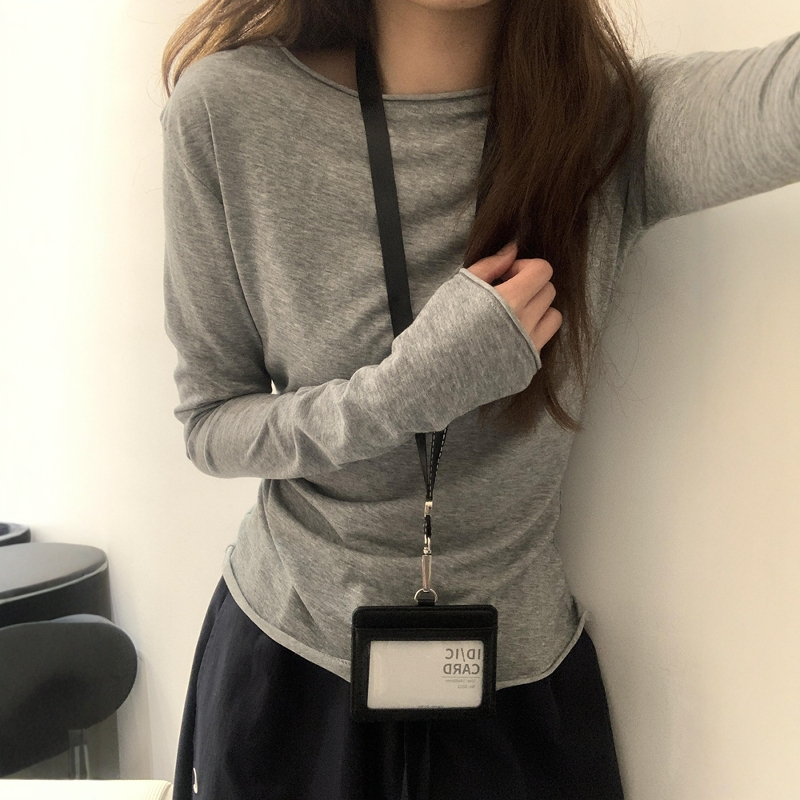 Paper-Thin Gray Slim-Fit Long-Sleeve T-Shirt with Rolled Cuffs for Women, Autumn and Winter, High-End Commuter Inner Wear Top