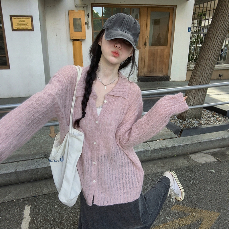 Very Pretty Pink Sweet and Soft Polo Collar Knitted Cardigan for Women, Spring Thin Style, Lazy Style Lapel Sweater Jacket