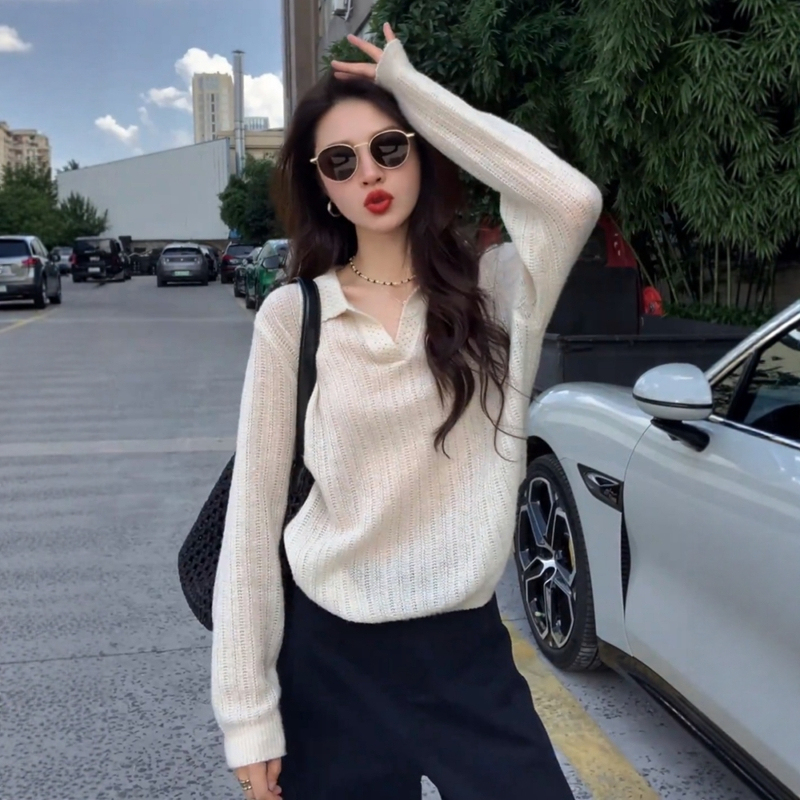Stunning Hollow-Out Knit Polo Shirt, V-Neck T-Shirt for Women, Spring Season, Old Money Style, Elegant and Sophisticated Sweater with a Turn-Down Collar