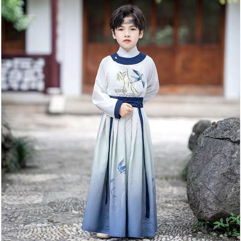 New Style Hanfu for Children, Boys' Round-Neck Traditional Performance Costume, Stylish Chinese Traditional Clothing, Scholar-Style Martial Arts Outfit, Little Scholar's Clothing for the Opening Ceremony