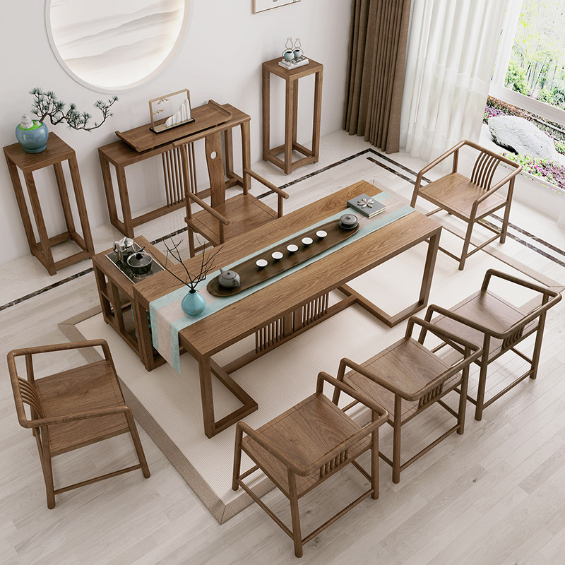 Solid wood large board tea table and chair combination Wood color new Chinese style 1 meter 8 balcony Zen tea table Household Kung Fu tea table