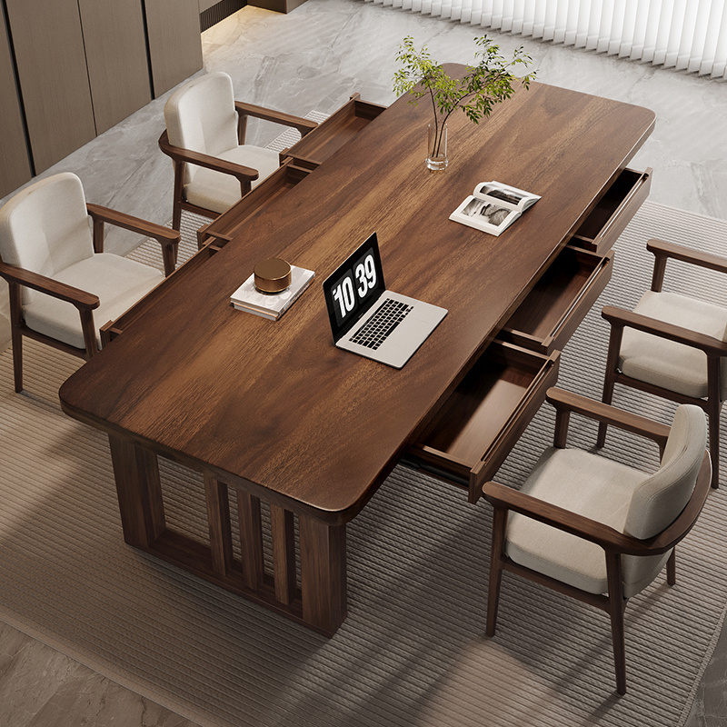 South American Black Walnut Wood Large Desk with Drawers for Home Use, Solid Wood Reading and Writing Desk for Multiple People