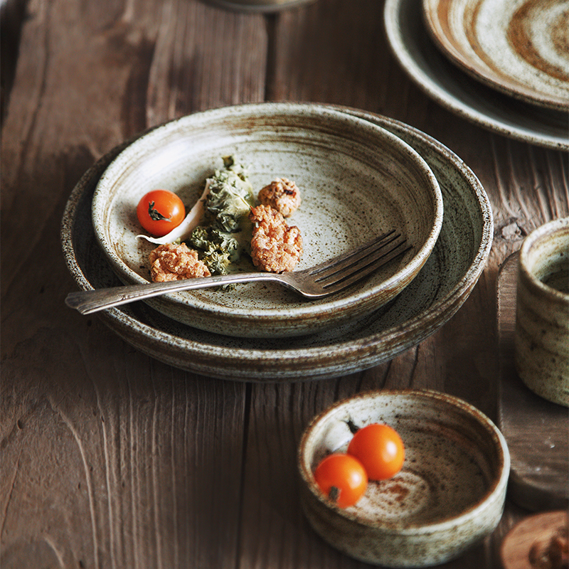 Zeten's Japanese-Style Handmade Creative Rustic Pottery Vintage Home-Use Western Restaurant Steak Deep Soup Plate Tea Cup Wabi-Sabi Style Dish