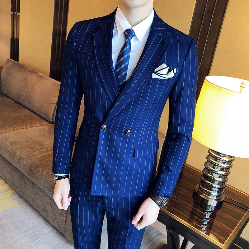 [USD 115.30] Spring suit Han version doublerowed vertical striped suit