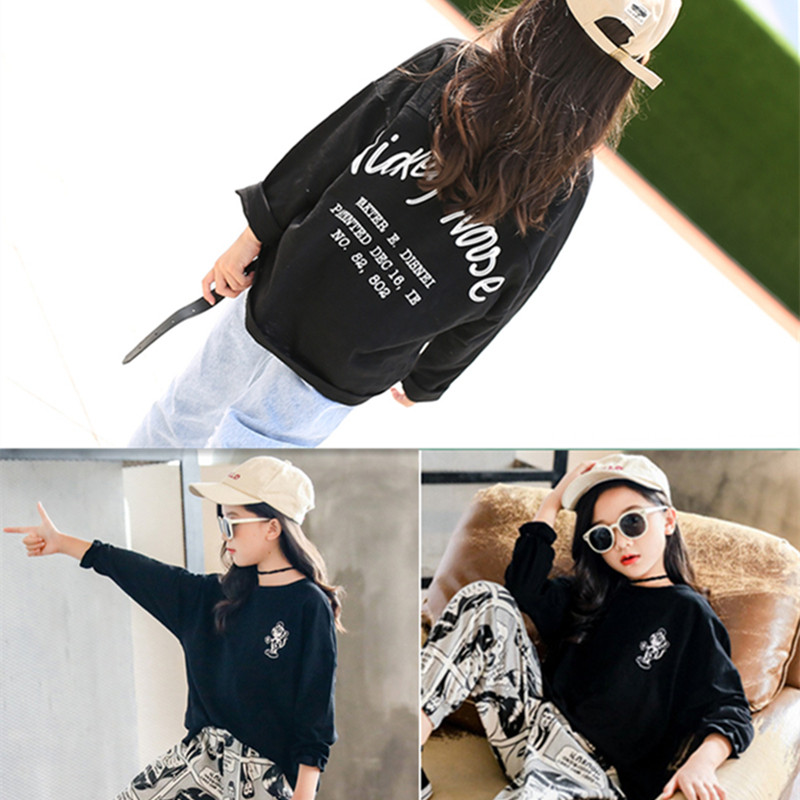 Fat girls T-shirt long-sleeved 2021 spring new middle and large children Korean version of black loose sweater children's base shirt tide