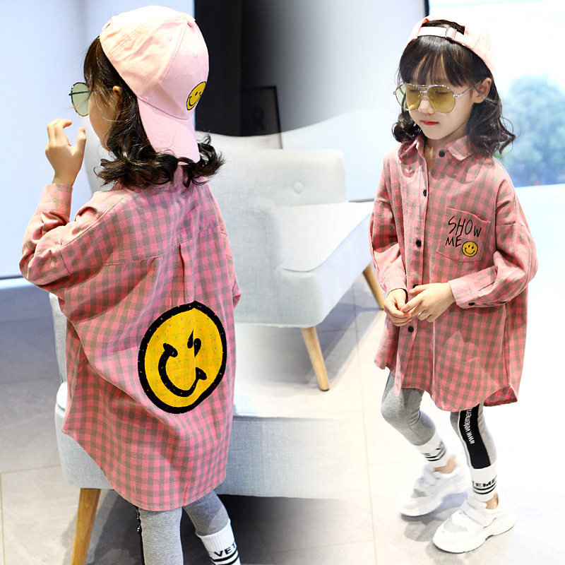 Girls plaid shirt spring and Autumn 2021 new middle and large children's Korean version of the Foreign school medium and long loose shirt children's cardigan