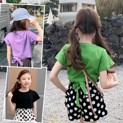 Girls short-sleeved T-shirt summer midday children cotton bow short coat children Super foreign pie solid color T-shirt tide