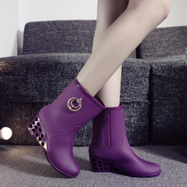 New South Korea Spring Summer Autumn Lady Short Barrel Rain Boots High Heel Water Shoes Anti-Landslide Heel Rubber Shoes Casual Single Rain Shoes Woman