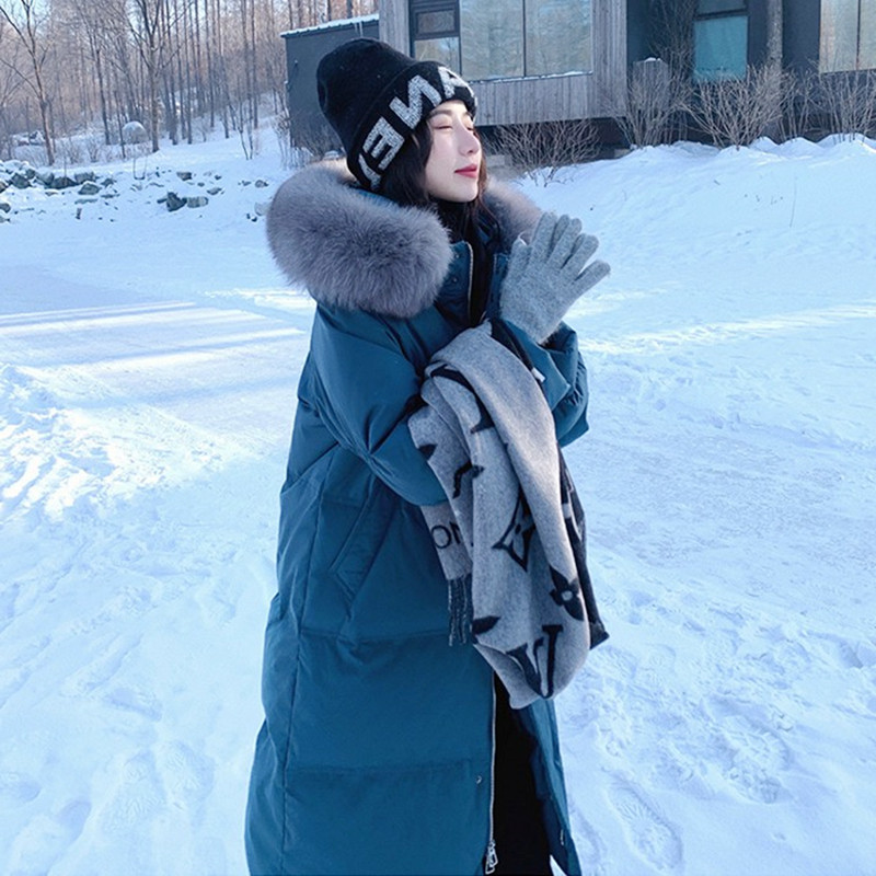 White duck down down jacket women's medium and long edition 2022 winter thick Korean version big fur collar long sleeves hooded fashion jacket tide