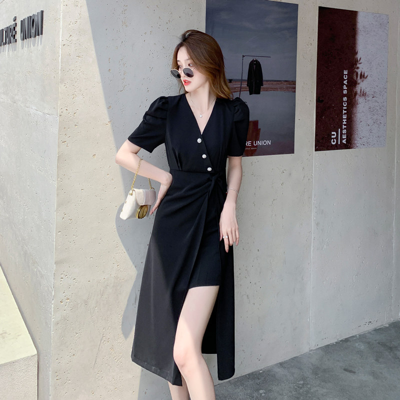 2022 Summer Dress New Fashion Fashion Women's Fashion Elegant V Collar Pure Color Sashimi Skirt Short Sleeve Temperament Foreign Dress Woman