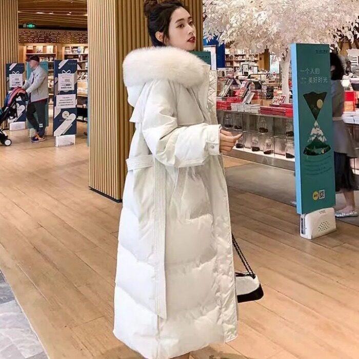 White duck down down jacket women's mid-length version over the knee fox fur big fur collar 2021 winter loose plus down thick coat