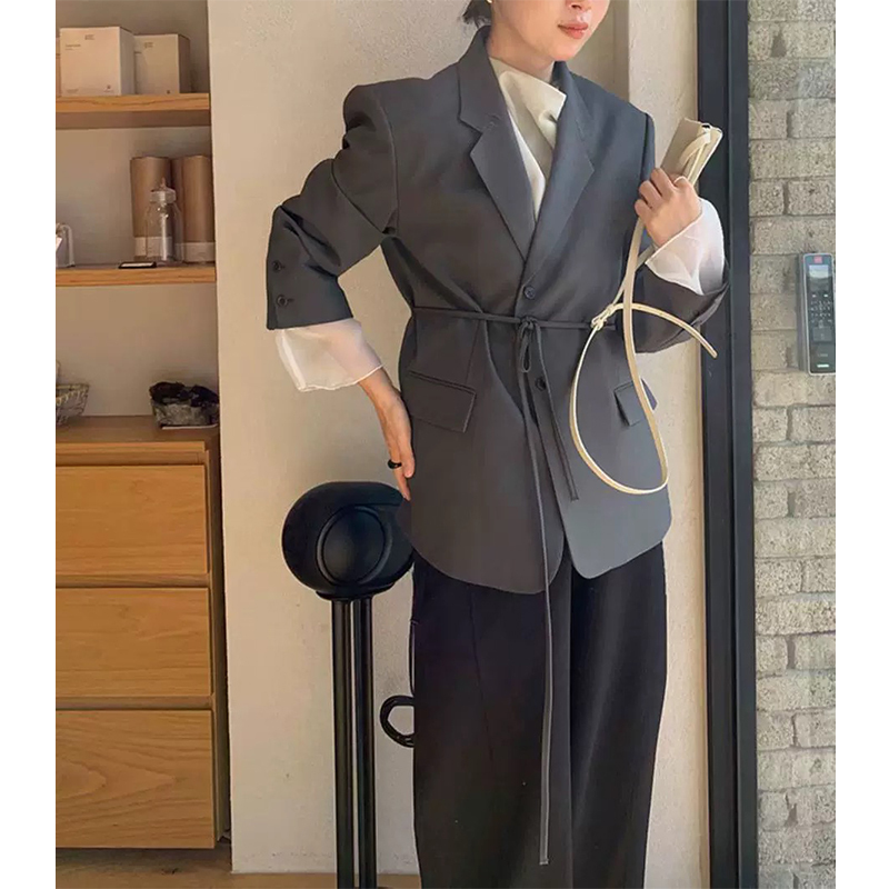 【Effortless Outfit】Korean Ly*M Style Slim-Fit Waist-Tie Cuff Sheer Patchwork Blazer for Spring