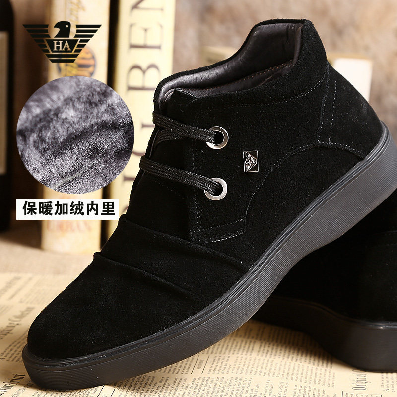 Italian casual suede leather shoes men's winter plus velvet formal business warm cotton shoes high top short boots driving snow boots