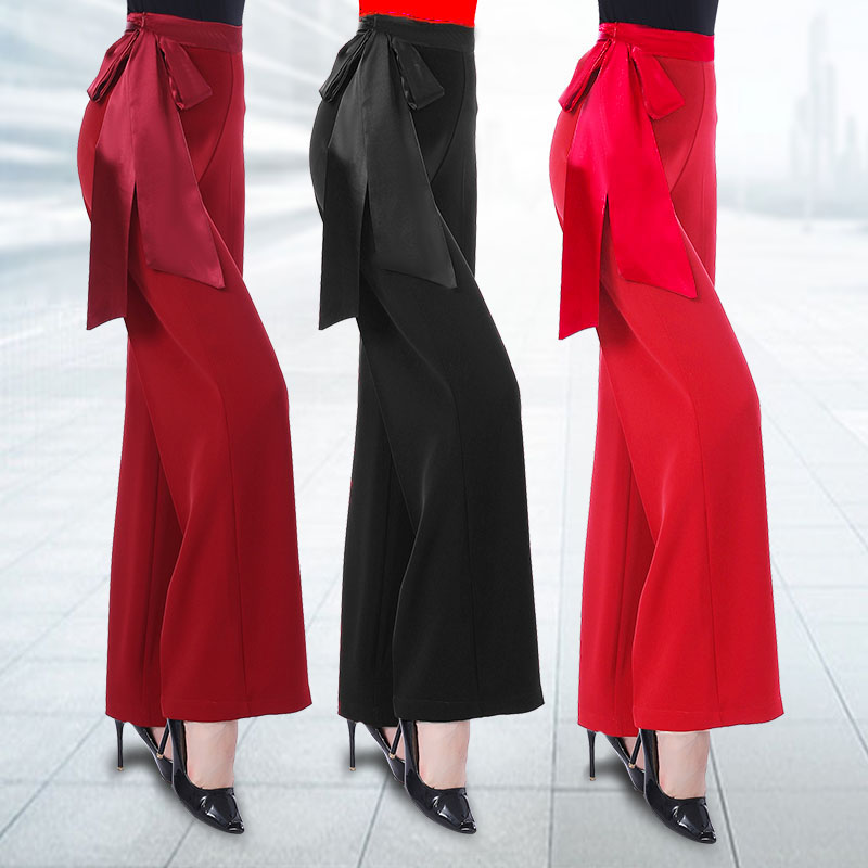 Modern dance new female ribbon wide leg pants professional national standard friendship dance pants practice Latin dance straight trousers