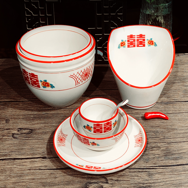Red Double Happiness Ceramic Commercial Tableware Set with Bowls, Spoons, and Plates, Underglaze Color, for Restaurants, Red Chinese-Style Cups, Vintage Red Double Happiness Ceramic Commercial Tableware Set with Bowls, Spoons, and Plates, Underglaze Color, for Restaurants, Red Chinese-Style Cups, Vintage