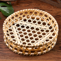 Hollow bamboo basket bamboo woven tray round bamboo basket bamboo basket hand woven plate storage steamed bread basket creative tableware