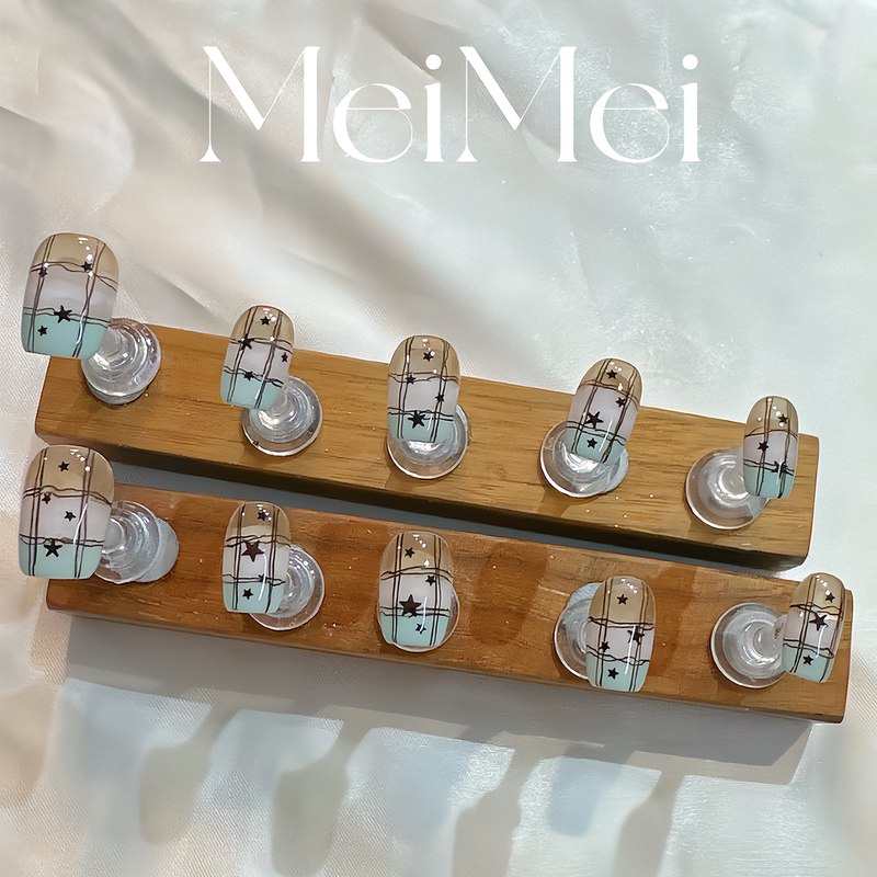 【Mint Star Grid】Vintage Plaid Mint Color-Block Handmade Wearable Nails Reusable Finished Nail Art 【Mint Star Grid】Vintage Plaid Mint Color-Block Handmade Wearable Nails Reusable Finished Nail Art
