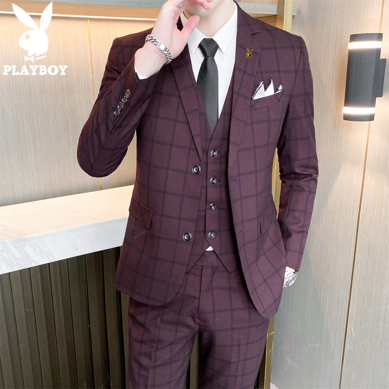 Playboy Plaid Suit Men's Slim Fit Trendy Business Casual Jacket Groom Groomsman Wedding Suit