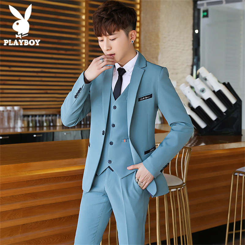 Playboy Suit Set for Young Men, Trendy, Handsome, Slim-Fit, Stretchy Casual Jacket, Business Formal Three-Piece Suit