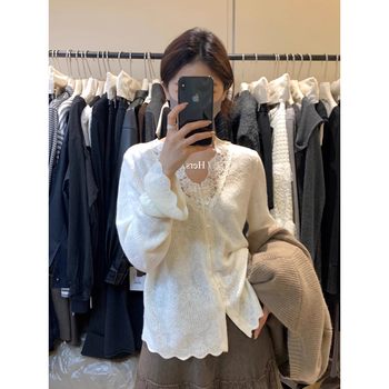 French heavy industry lace v-neck long-sleeved lace shirt for women autumn and winter new style high-end single-breasted loose inner top