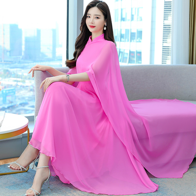 2026 New Chinese Style Daily Wear Cape-Style Flowing Silk Long Dress Fairy-Like Tea Dress Performance Dress Chiffon Dress