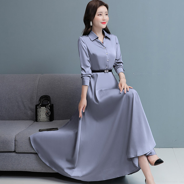 2023 Spring and Summer New Acetate Satin Long-sleeved Mother Dress Temperament Slim Covering Belly Solid Color Simulation Silk Dress