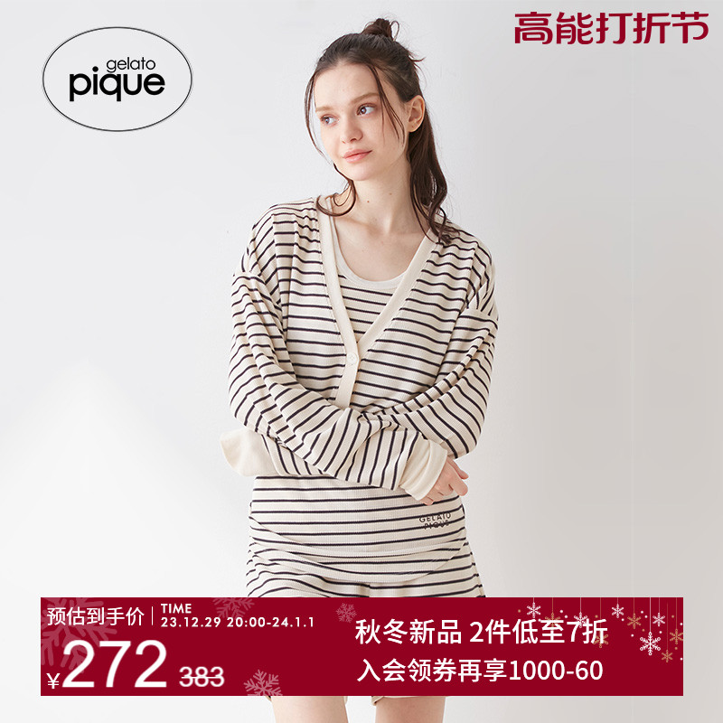 gelato pique23 autumn winter new pint woman pyjamas pure color striped long sleeve V collar open shirt PWCT234370 -Taobao