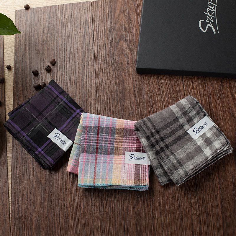 (Cool Pa) Handkerpure Cotton Pure Cotton plaid double-sided thick solid suction sweaty handkerb full cotton male and female