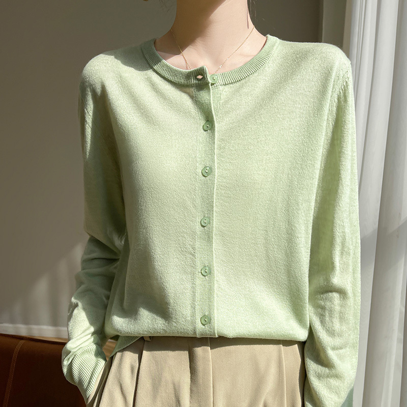 Thin Worsted Wool Knitted Cardigan for Women, Solid Color, Round Neck, Fine Thread, Soft Sweater, Outer Layer for Spring and Autumn, Wool Top