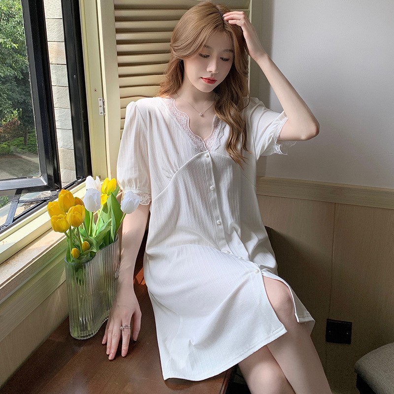 2022 New Sleeping Dress Women's Summer Pure Cotton Sexy Thin fairy Wind Net Red Burst Summer Pure pyjamas