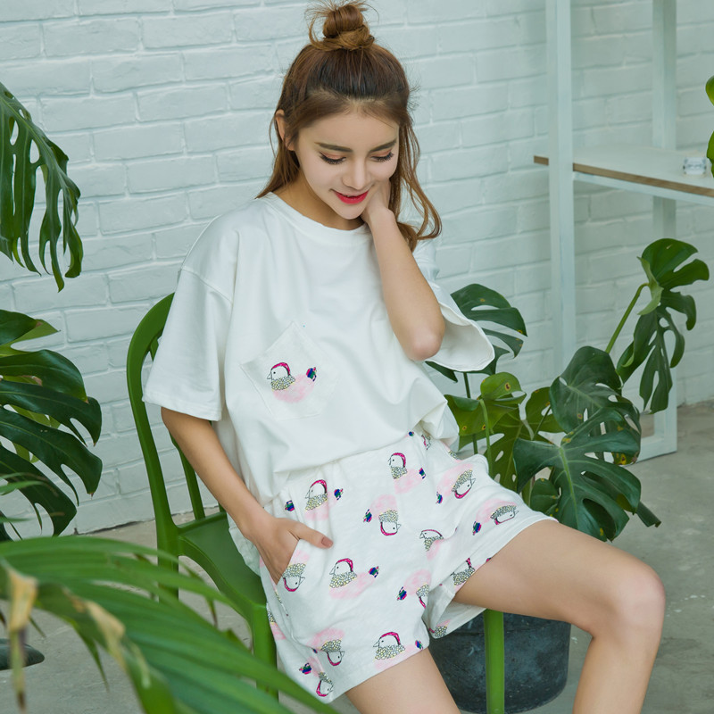 Sleepwear Women Summer Pure Cotton Cute Cartoon Teenage Girl Short Sleeve Korean Version Sweet Beauty Cute Thin full cotton Home Residence Suit Suit