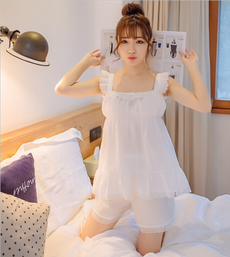 Pajamas women summer thin cotton lace hanging with bras paddle small fresh princess wind Han version home suit two piece suit
