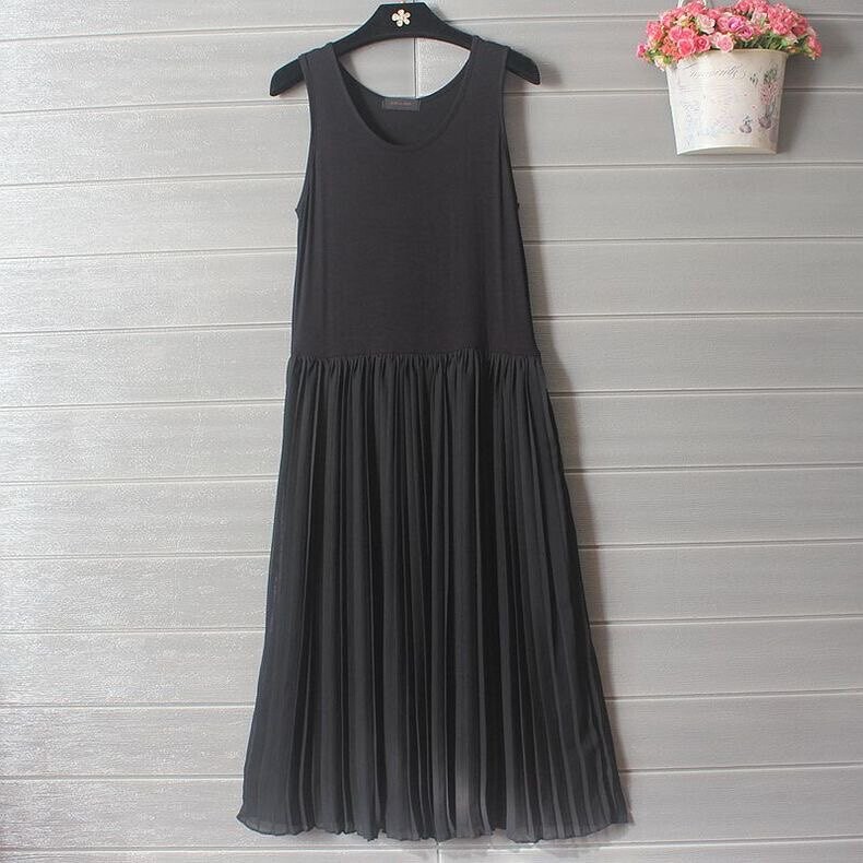 Spring and Summer Drapey Long Skirt, Pleated Chiffon Slip Dress, A-Line Flared Tank Dress, Slimming and Elegant Base Dress