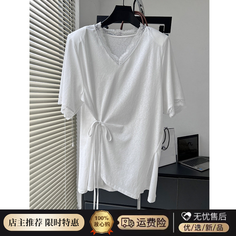 Fat Sister 100kg Plus Size Lace Trim Tie Waist Split V-Neck Snowflake Cotton Short Sleeve Top Women's Summer Fashion