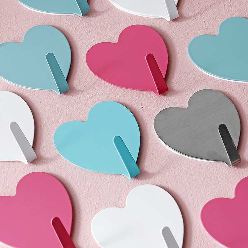 Japanese-Style Pink Heart Sticky Hook Peach Heart Stainless Steel Hook Heart-Shaped Sticky Hook Soft Girl Room Decoration Hook