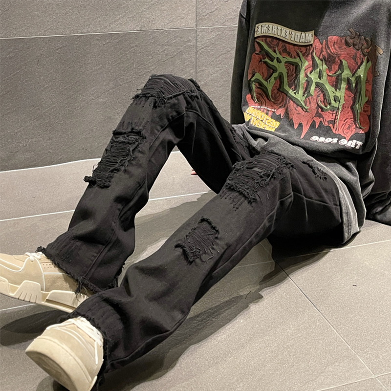 European and American Summer Ripped Jeans for Men, American High Street Fashion Brand Vibe, Versatile, Cool and Straight-Leg Long Pants, Thin