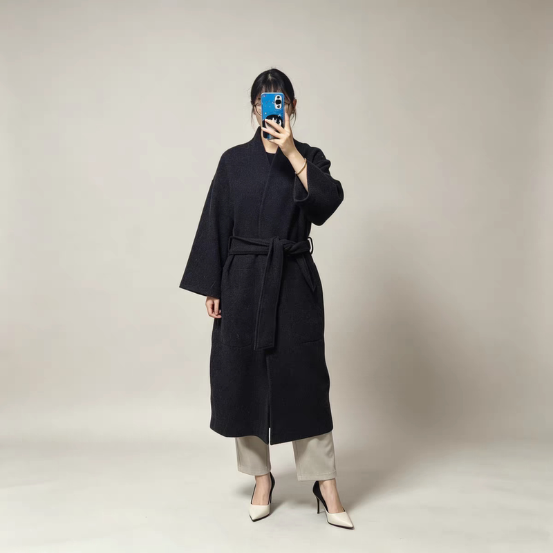 Domestic In-Stock~ Aritzia Women's Minimalist Old-Money Style High-End Long Wool Coat with Belt 64263