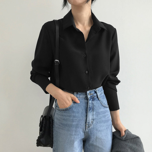 Chiffon shirt women's 2024 spring new Korean style loose slimming bottoming shirt black professional OL versatile top trendy