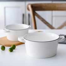 Large binaural soup bowl black line Japanese ceramic tableware salad bowl noodle bowl thick soup bowl breakfast bowl big soup bowl