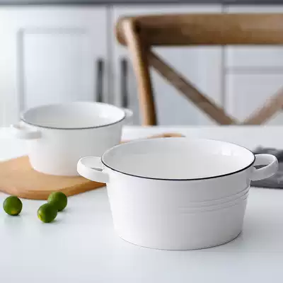 Large binaural soup bowl black line Japanese ceramic tableware salad bowl with instant noodle bowl thick soup bowl breakfast bowl big soup bowl