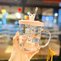 Japanese net red cartoon heat resistant high boron silicon glass water glass Ins home cute teenage girl hearts with straw cups