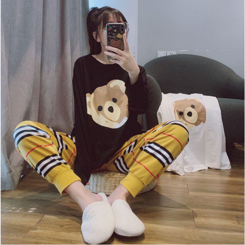Japan soft honey women's spring and Autumn cartoon bear printed pajamas long-sleeved cotton home wear set