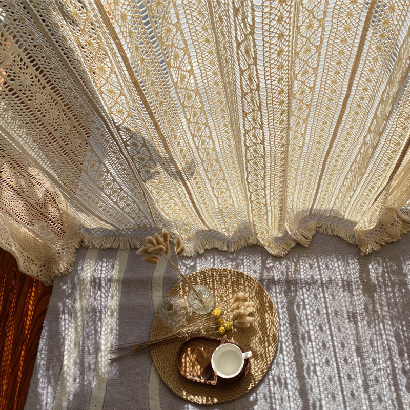 American Bohemian Cotton and Linen Lace Crocheted Curtains Living Room Balcony Sun Room Literary Gauze Curtains Ethnic Style Window Screens