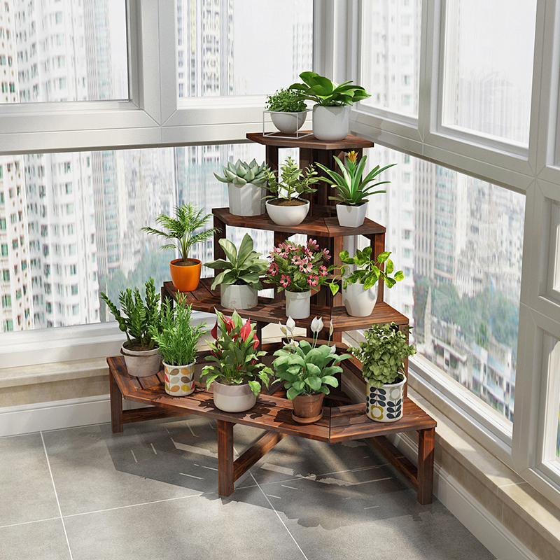 Corner outdoor stepped succulent balcony flower stand solid wood multi-layer triangular anti-corrosion wood corner flower shelf corner frame