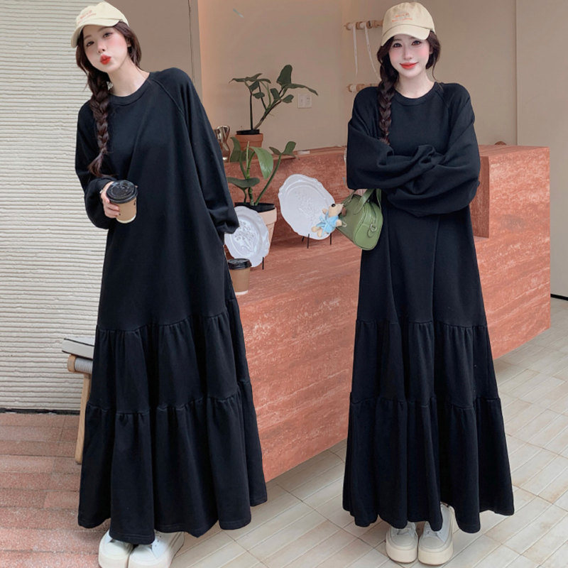 New Autumn and Winter Plus-Size Women's Clothing, Loose and Slimming French-Style Patchwork Dress That Covers the Belly, Over-The-Knee Long Skirt New Autumn and Winter Plus-Size Women's Clothing, Loose and Slimming French-Style Patchwork Dress That Covers the Belly, Over-The-Knee Long Skirt