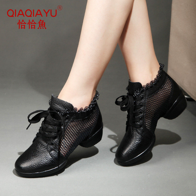 Precisely Fish Genuine Leather Square Dance Shoes Women Soft Bottom 2021 Summer Net Face Breathable Modern Water Soldiers Dance Shoes Dancing Shoes